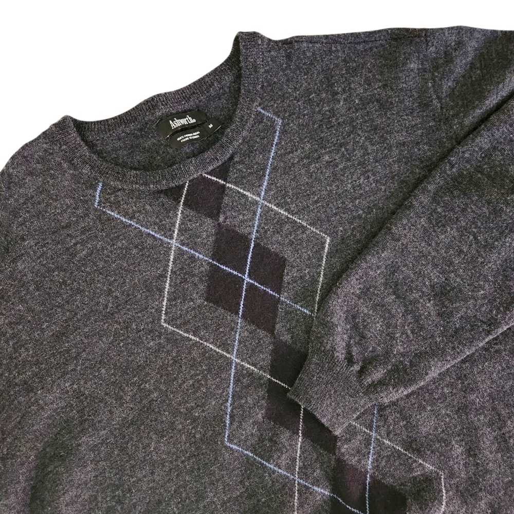 ASHWORTH Charcoal Gray Argyle Merino Wool Sweater classic preppy golf style m